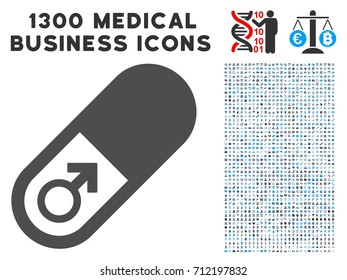 Male Power Pill grey vector icon with 1300 clinic commercial pictograms. Clipart style is flat bicolor light blue and gray pictograms.