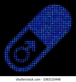 Male power pill halftone vector icon. Illustration style is pixelated iconic male power pill symbol on a black background. Halftone pattern is made with round cells.