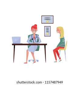 Male practitioner doctor advising patient in medical office, medical treatment and healthcare concept vector Illustration on a white background