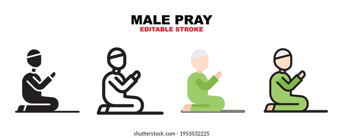 Male pray icon set with different styles. Icons designed in filled, outline, flat, glyph and line colored. Editable stroke and pixel perfect. Can be used for web, mobile, ui and more.