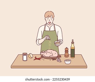 männlich zubereitendes Huhn zum Kochen. Handgezeichnete Vektordesign-Illustrationen.