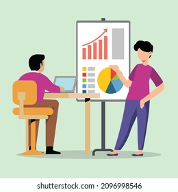 Male presentation to his boss about work progress in a meeting. Business. Industry. Work. End year presentation. Presentation. Vector colorful illustration. Illustrator.