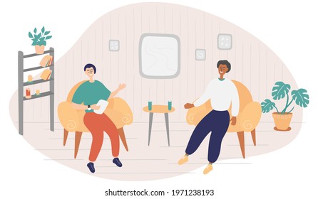 Male presenter asks famous celebrity on TV show. Popular man-star gives interview to television presenter in broadcast studio. Internet interview channel concept. Cartoon vector illustration