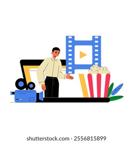 Male Presenter With Film Camera, Popcorn, And Movie Reel In Flat Vector Illustration Symbolizing Entertainment, Film Presentation, And Cinema, Isolated On White Background