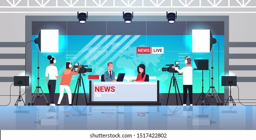male presenter interviewing woman in television studio tv live news show video camera shooting crew broadcasting concept flat full length horizontal