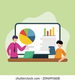 Male is presenting to colleagues about on going business development. industry. Presentation. Business. End year presentation. Team work. Colorful vector illustration.