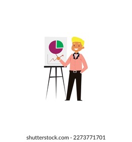 Male Presenting Information On Presentation Board. Man Showing Announcements On Panel. Male Displaying Critical Messages and Showing Graphs