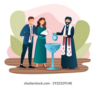 Male Priest Is Baptising A Newborn Child. Concept Of Sacrament Of Baptism. Happy Family Is Holding A Baby And About To Dip In Holy Water. Flat Cartoon Vector Illustration