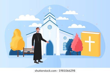 Male priest standing outside big white church. Holy church priest in black clothing. Concept of sacred theology culture, ethnic tradition to pray Jesus and God. Flat cartoon vector illustration