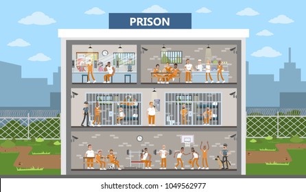 Male prison interior city building with prisoners and police officers.