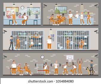 Male prison interior with prisoners and police officers.