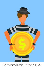 Personaje de dibujos animados de prisionero masculino que sostiene una moneda de dólar. Violación de seguridad. Ilustración vectorial. Adecuado para contenido de negocios delictivos, delitos financieros y leyes