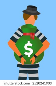 Un personaje de dibujos animados de un prisionero masculino sosteniendo un saco de dinero. Violación de seguridad. Ilustración vectorial. Adecuado para contenido de negocios delictivos, delitos financieros y leyes