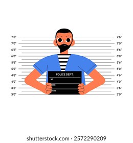 Male Prisoner Holding Police Board For Mugshot In Flat Vector Illustration Symbolizing Crime, Justice, And Incarceration, Isolated On White Background.