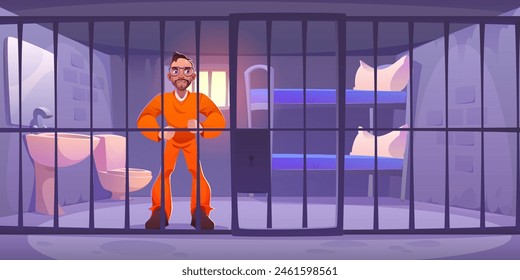 Male prisoner in orange uniform standing behind bars in prison. Cartoon vector illustration of jail interior with man criminal character arrested. guilty person in jail house of police department.