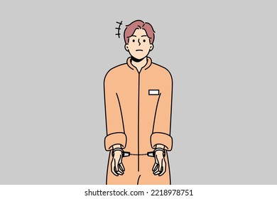 Male prisoner in robe wearing handcuffs. Unhappy man convict in uniform imprisoned. Imprisonment and jail concept. Vector illustration. 