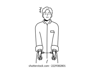 Male prisoner in robe wearing handcuffs. Unhappy man convict in uniform imprisoned. Imprisonment and jail concept. Vector illustration. 