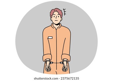 Hombre prisionero con bata usando esposas. Hombre convicto infeliz con uniforme encarcelado. Encarcelamiento y concepto carcelario. Ilustración vectorial.