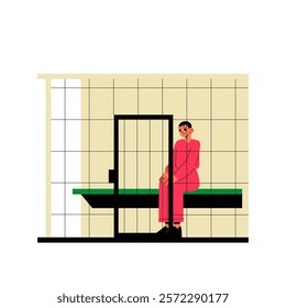 Male Prisoner Sitting On A Bench In Jail Cell In Flat Vector Illustration Symbolizing Crime, Punishment, And Justice System, Isolated On White Background.