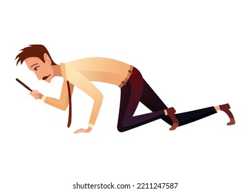 Male private detective or inspector investigate crime and look for evidence. Detective character with magnifying glass cartoon flat style. Investigator solving crime