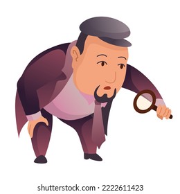 Male private detective or inspector investigate crime and look for evidence. Detective character with magnifying glass cartoon flat style. Investigator in hat and coat solving crime
