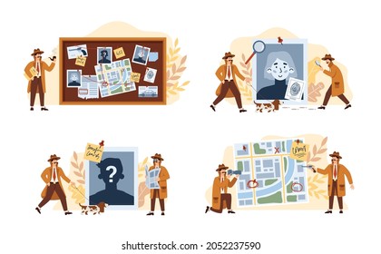Male private detective solving crime and search criminals. Professional investigator look and research for clues. A set of flat cartoon vector illustrations isolated on white.