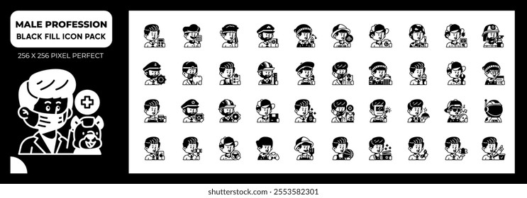 Male Profession Black Fill Icons Pack, Contain Such as Electrician, Archeologist, Architect, Gamer and More