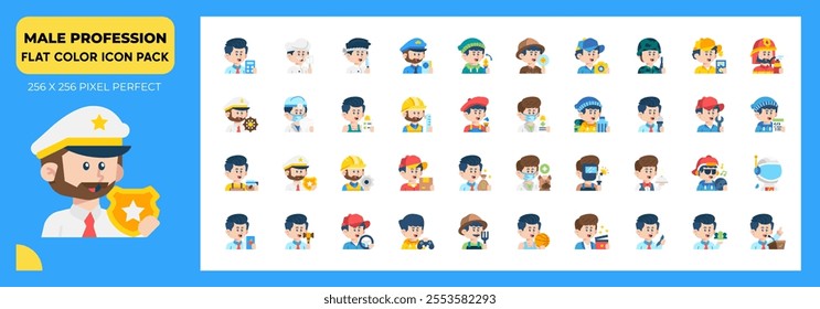 Male Profession Flat Icons Pack, Contain Such as Electrician, Archeologist, Architect, Gamer and More