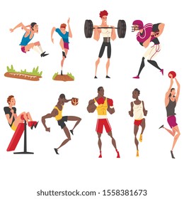 Male Professional Athletes Characters in Sportswear Doing Various Kind of Sports Set, Active Sport Lifestyle Vector Illustration Vector Illustration