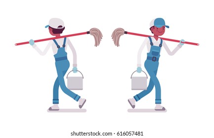 Male professional busy janitor in walking pose, young and smiling, wearing blue overall , protective gloves, holding mop, bucket, full length, front, rear view, isolated, white background