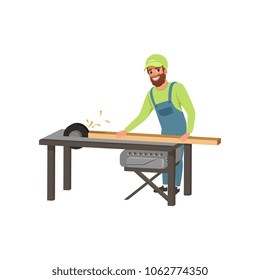 Male professional carpenter in uniform cutting a wooden plank with circular saw vector Illustration on a white background