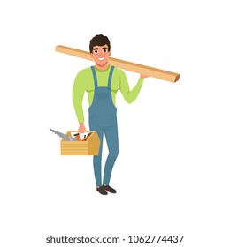 Male professional carpenter in uniform holding wooden plank and tool box vector Illustration on a white background
