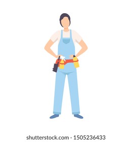 Male Professional Cleaner, Cleaning Company Staff Character Dressed in Uniform with Equipment Flat Vector Illustration