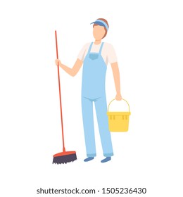 Male Professional Cleaner Standing with Bucket and Broom, Cleaning Company Staff Character Dressed in Uniform with Equipment Flat Vector Illustration