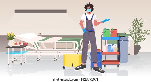 Male Professional Cleaner In Uniform Man Janitor Using Cleaning Equipment Hospital Ward Interior Full Length Horizontal Vector Illustration