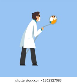 Male Professional Doctor Character with Dental Mirror, Dentist of Medical Clinic or Hospital in White Lab Coat and Mask Vector Illustration