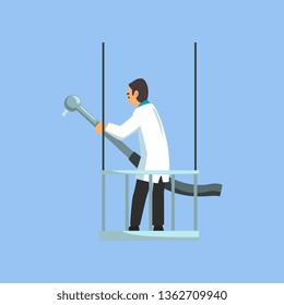 Male Professional Doctor Character, Dentist of Medical Clinic or Hospital in White Lab Coat Working with Tool Vector Illustration