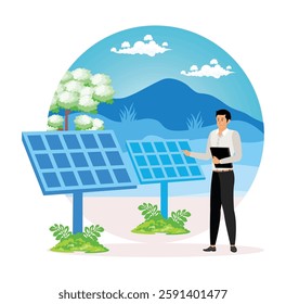 Male professional examining solar panel installation in a natural landscape, promoting sustainable and green energy initiatives. Flat vector modern illustration 