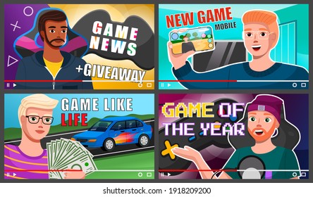 Male professional gamers tell about computer games and news. Young man blogger creating content about his hobby and posting it on social media. Screensaver of online video tutorial scenes set