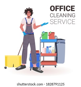 male professional office cleaner man janitor in uniform with cleaning equipment full length copy space vector illustration