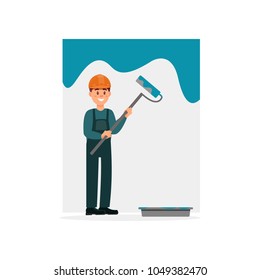 Male professional painter in uniform holding a paint roller vector Illustration on a white background