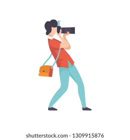 Male Professional Photographer Taking Photo with Modern Digital Camera, Cameraman Character Making Picture Vector Illustration
