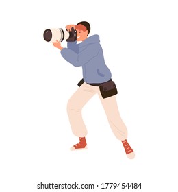 Male professional photographer taking photo holding camera vector flat illustration. Man photojournalist or reporter shooting during work isolated on white. Creative guy with photographing equipment