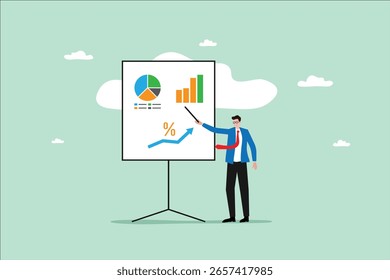 Male Professional Presenting Bar Graph Pie Chart and Growth Trend on Whiteboard illustration