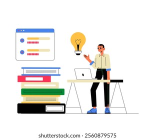 Male Professional Presenting A Bright Idea With Books And Laptop In Flat Vector Illustration Symbolizing Innovation, Knowledge, And Education, Isolated On White Background