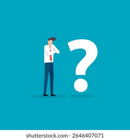 Male Professional in Suit Contemplating a Question Mark Representing Uncertainty in a Corporate Environment. Businessman character vector illustration