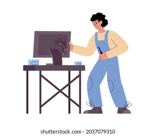 Male professional technician working at computer service repair the monitor. Repairman with screwdriver in hands fixing broken hardware. Flat cartoon vector isolated illustration