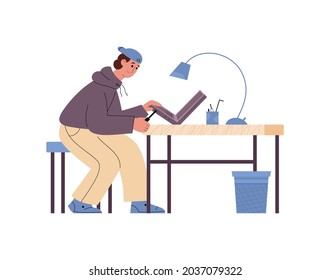 Male professional technician working at computer service fix laptop. Repairman with screwdriver in hands repair broken hardware. Flat cartoon vector illustration isolated on white.