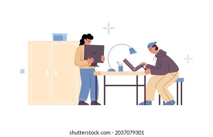 Los técnicos profesionales masculinos que trabajan en el servicio de computadoras reparan el portátil y el monitor. Reparación de hardware dañado. Ilustración vectorial de caricatura plana aislada en blanco.