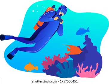 Male professional underwater swimming, man character occupation diving isolated on white, cartoon vector illustration. Diver make photography ocean life, concept flora fauna sea floor.